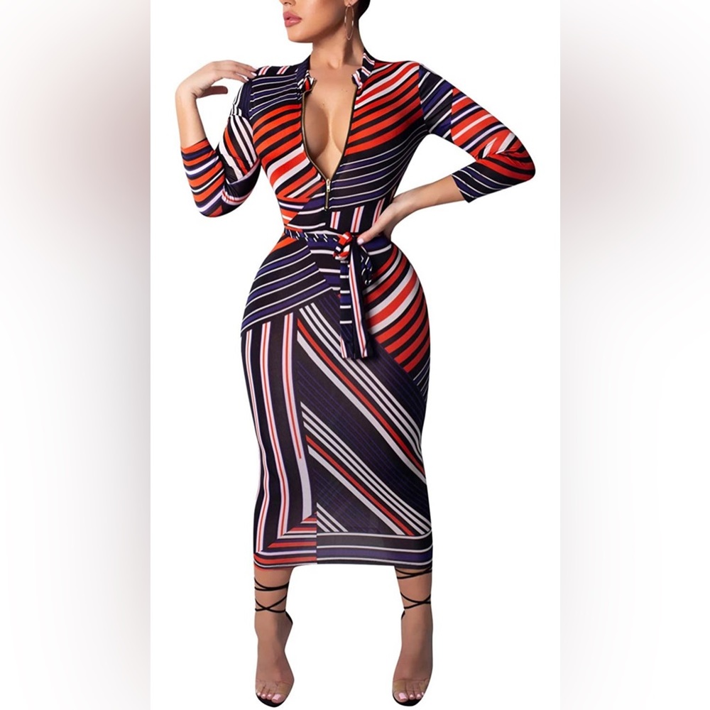 V Neck Long Sleeve Zipper Stretchy Pencil Midi Bodycon Dress with Belt